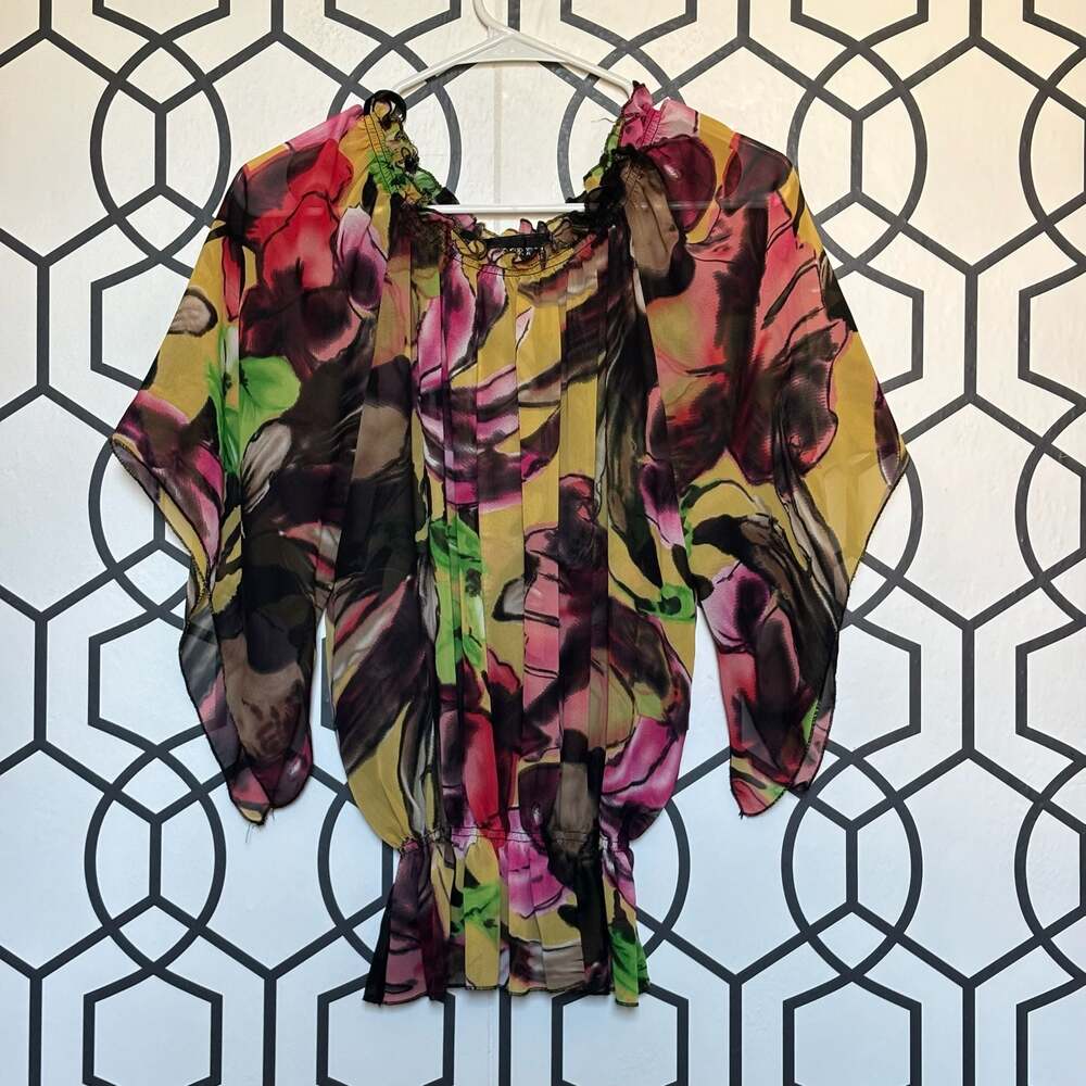 Mirror Image Women Small Floral Print Sheer Blouse Shirred Waist Wide Sleeves